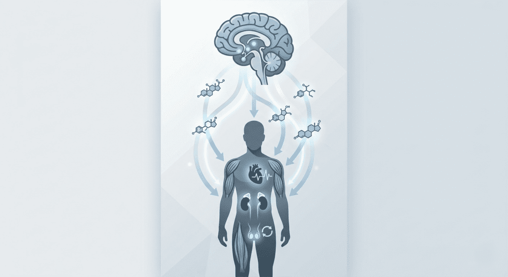 illustration showing brain releasing stress hormones affecting male body including heart kidneys and prostate function