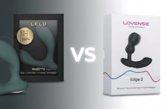 Comparison image of Lovense Edge 2 and LELO Hugo 2 prostate massagers showing design and packaging differences