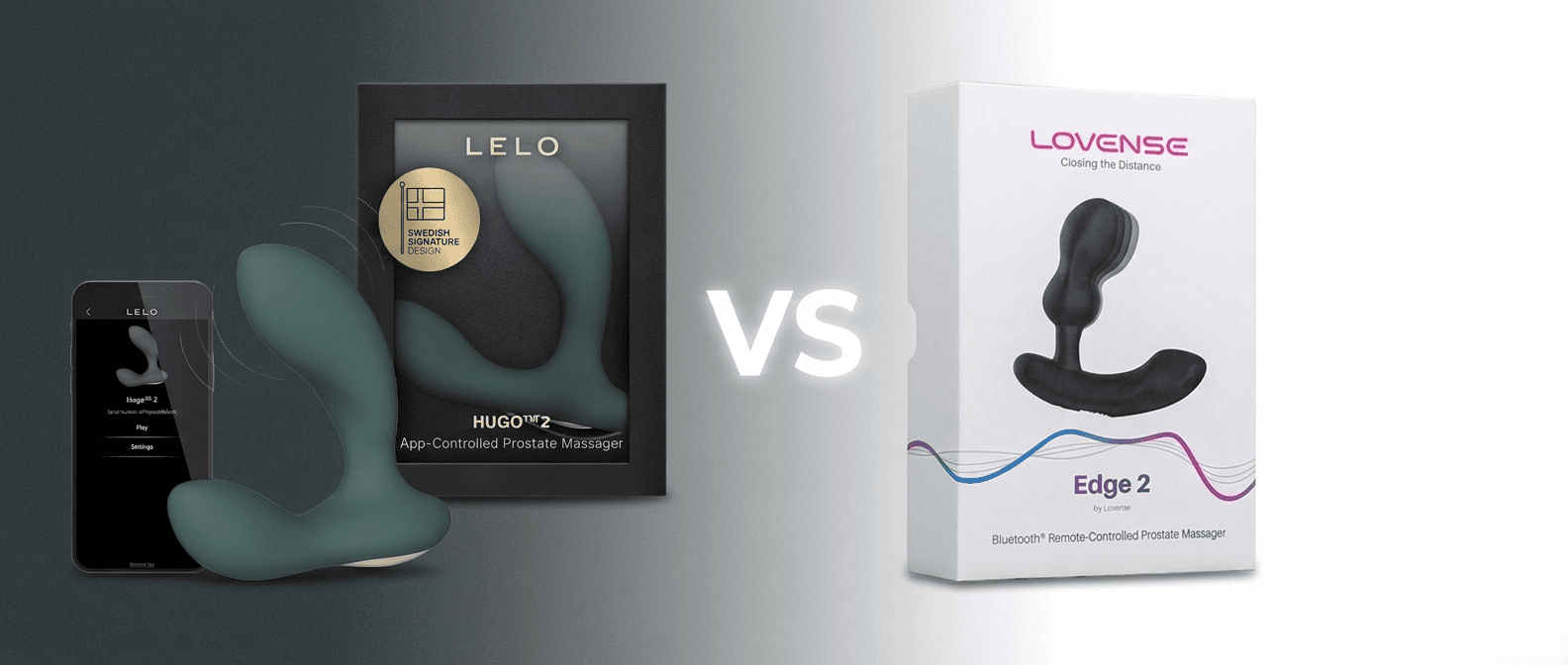 Comparison image of Lovense Edge 2 and LELO Hugo 2 prostate massagers showing design and packaging differences