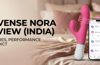 Lovense Nora app-controlled rabbit vibrator with smartphone app interface shown on a bed setting in India review context