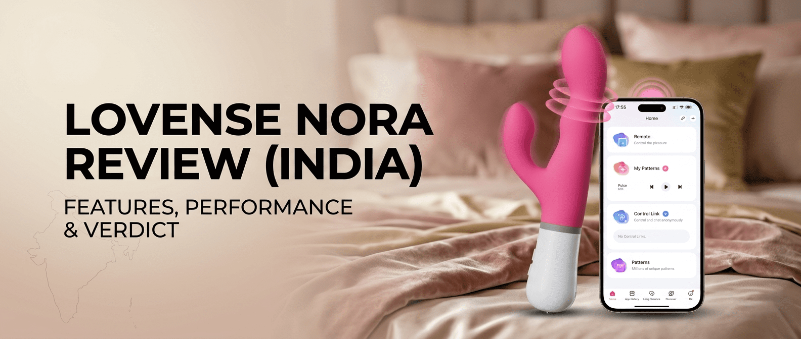 Lovense Nora app-controlled rabbit vibrator with smartphone app interface shown on a bed setting in India review context