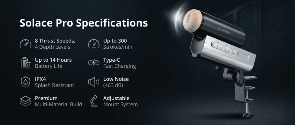Lovense Solace Pro key features including thrust speeds, battery life, low noise, and adjustable mount system