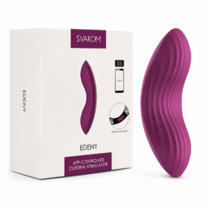Svakom Edeny app-controlled clitoral panty vibrator in purple with retail packaging, featuring wearable design, textured surface, and smartphone connectivity for intimate stimulation – TSTI India