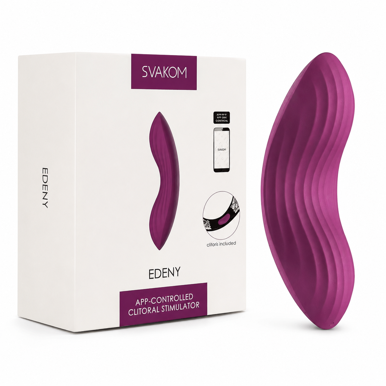 Svakom Edeny app-controlled clitoral panty vibrator in purple with retail packaging, featuring wearable design, textured surface, and smartphone connectivity for intimate stimulation – TSTI India