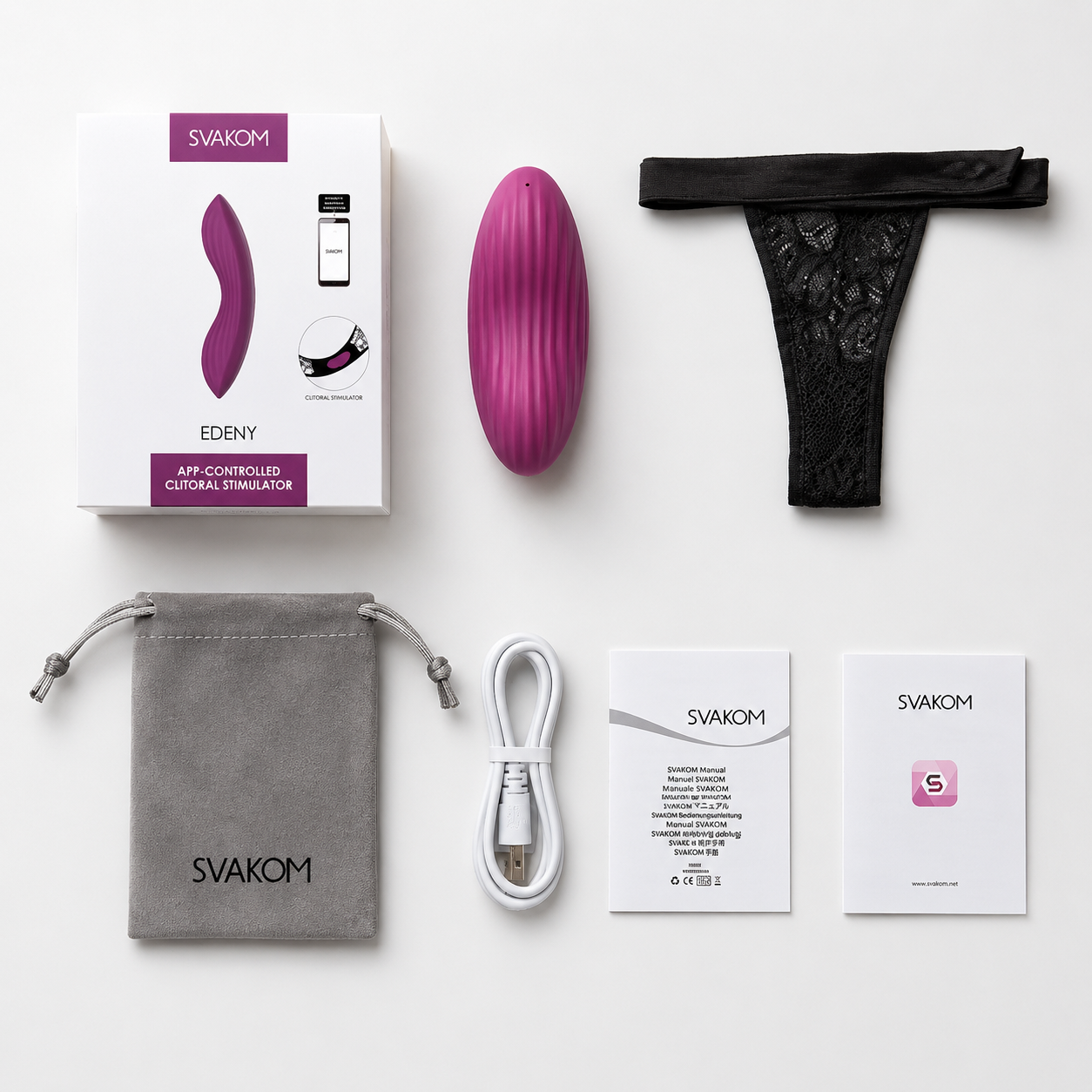 Svakom Edeny package contents including wearable clitoral vibrator, lace panty attachment, storage pouch, USB charging cable, user manual, and retail packaging – TSTI India