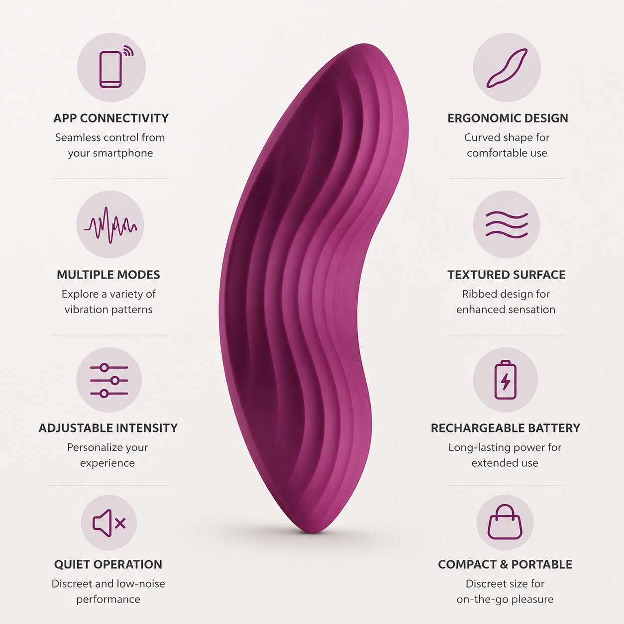 Svakom Edeny app-controlled clitoral panty vibrator feature overview showing smartphone connectivity, multiple vibration modes, adjustable intensity, ergonomic design, rechargeable battery, and compact wearable form – TSTI India