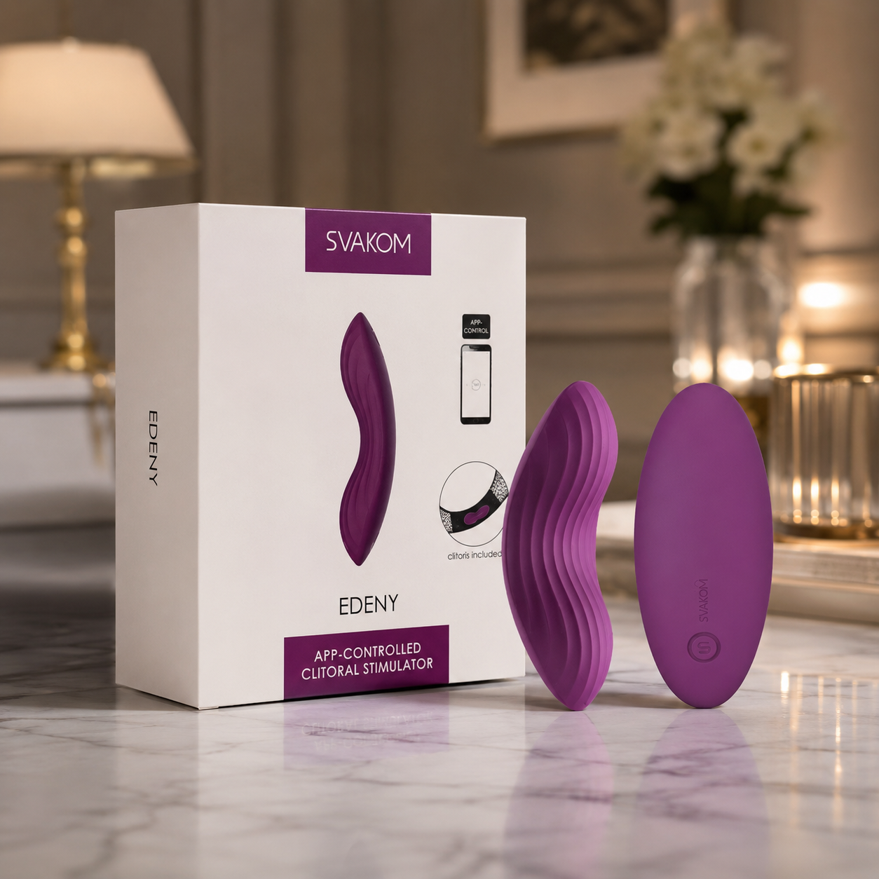Svakom Edeny wearable clitoral panty vibrator displayed with retail box in a premium indoor setting, showcasing its curved ergonomic design and textured stimulation surface – TSTI India